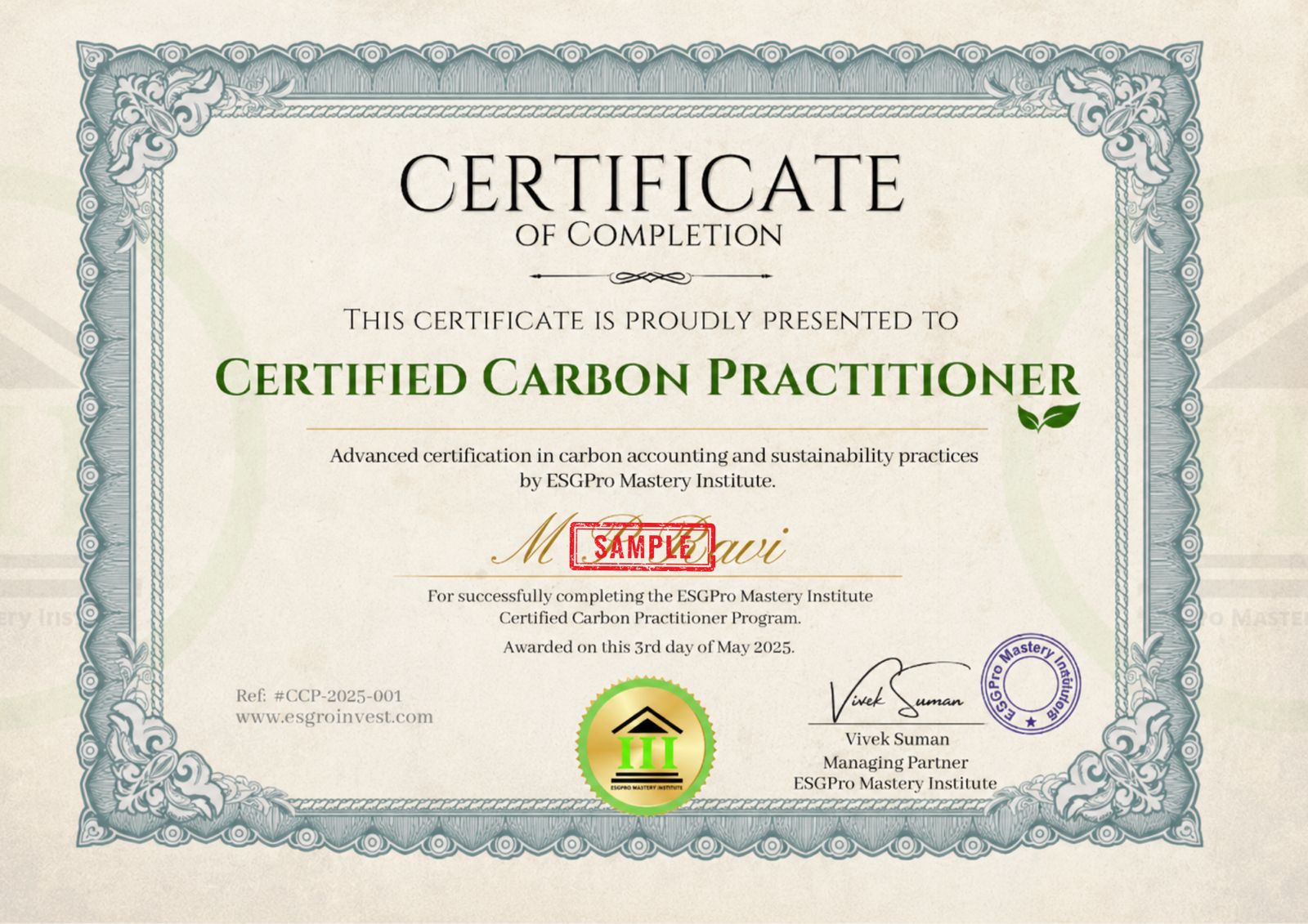 Sample ESGPro Certified Carbon Practitioner certificate